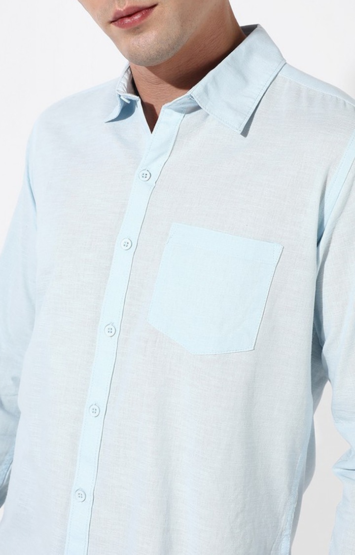 Men's Light Blue Cotton Solid Casual Shirt