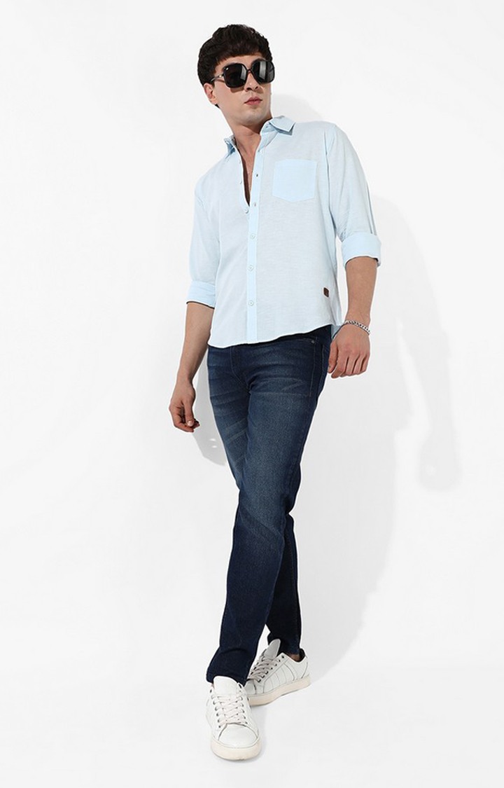 Men's Blue Solid Casual Shirts