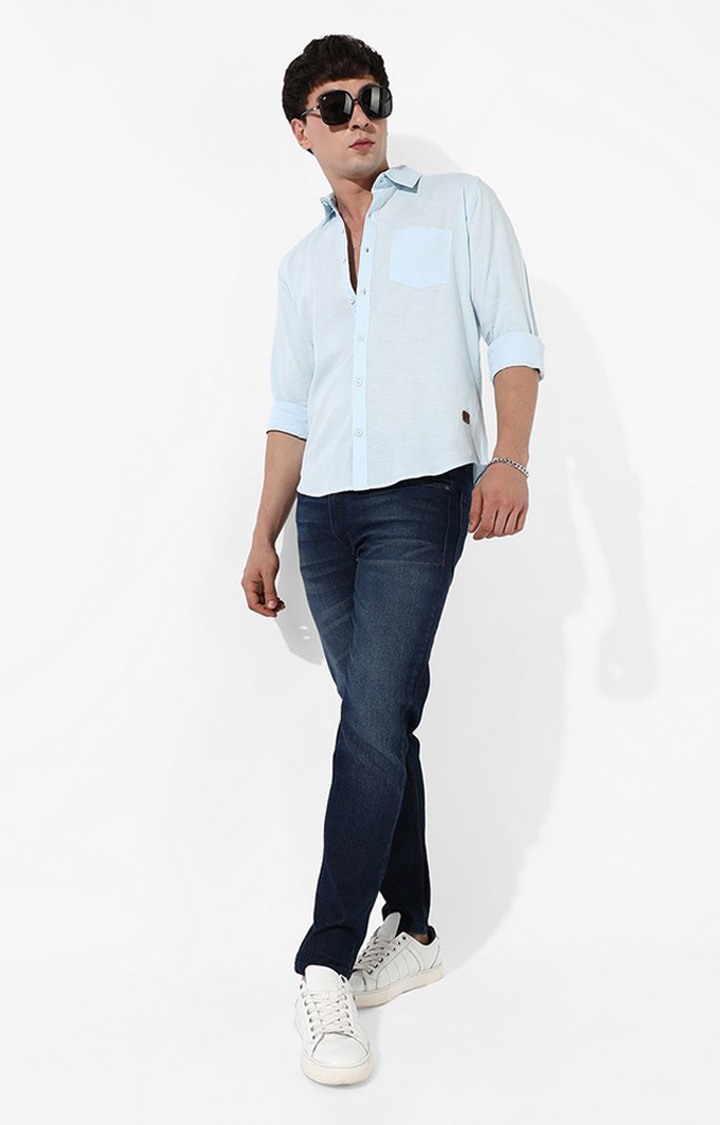 Men's Light Blue Cotton Solid Casual Shirt