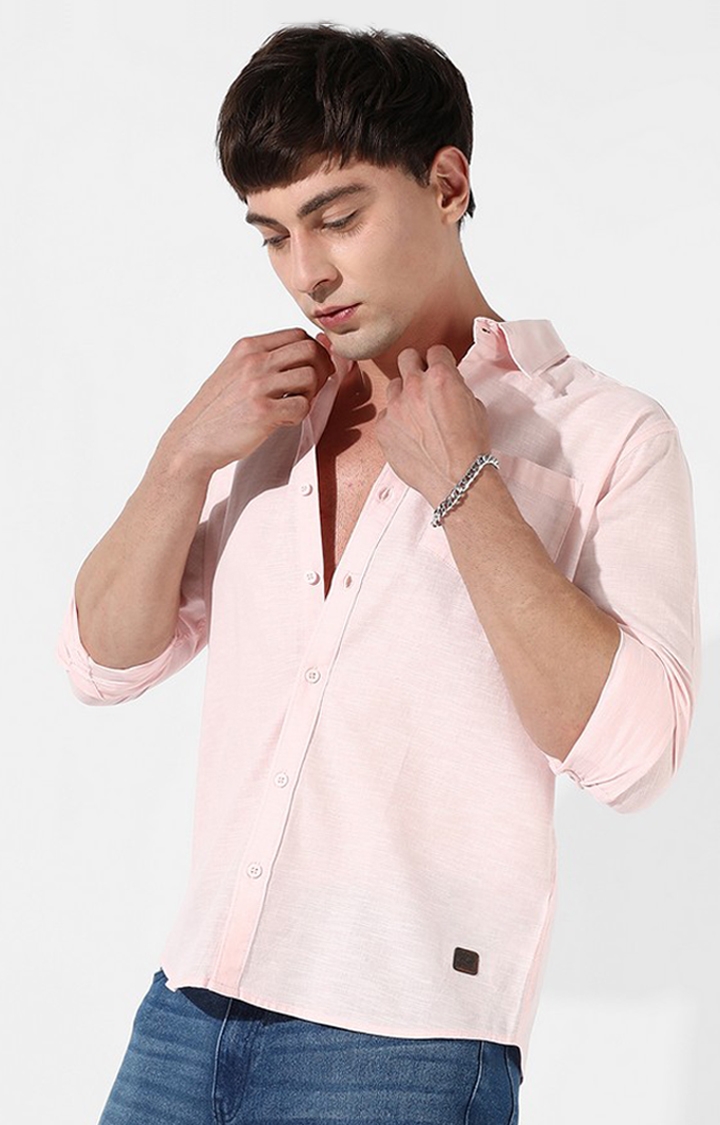 Men's Pink Cotton Solid Casual Shirt