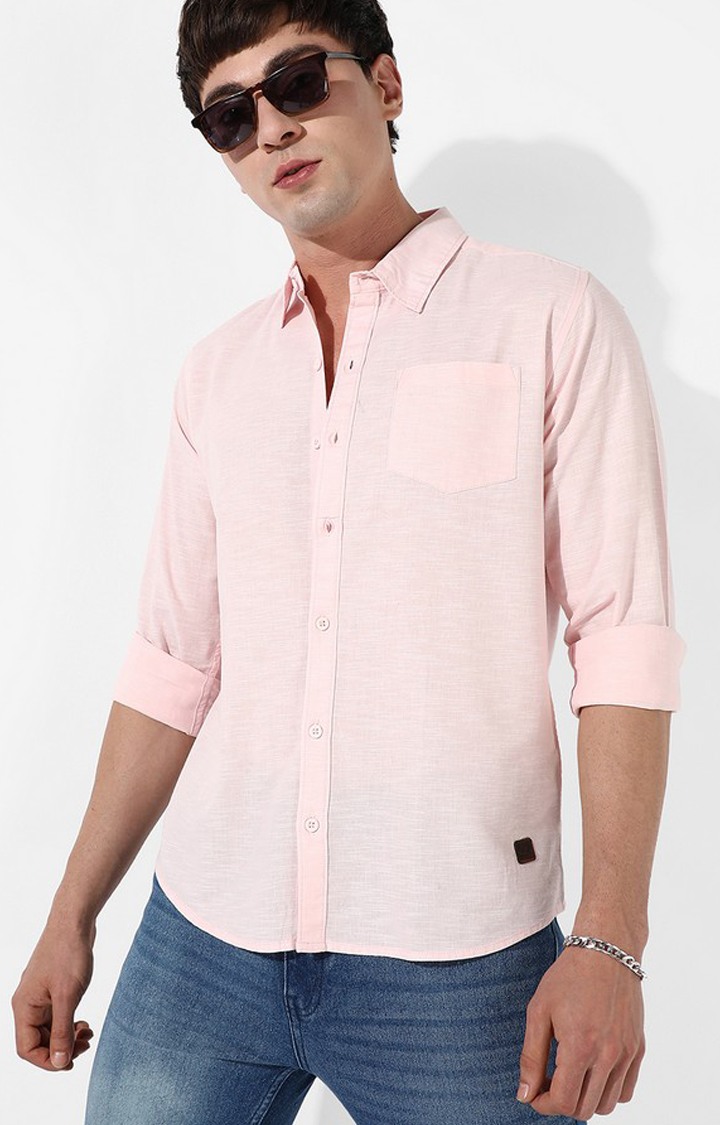 Men's Pink Cotton Solid Casual Shirt