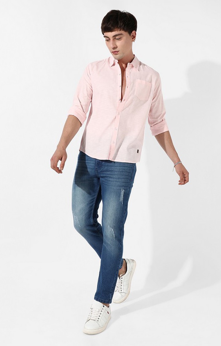 Men's Pink Cotton Solid Casual Shirt