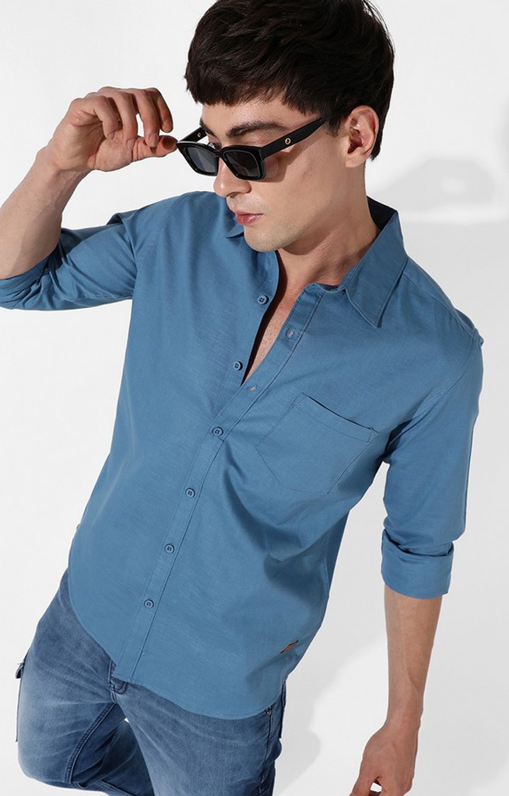 Men's Blue Cotton Solid Casual Shirt