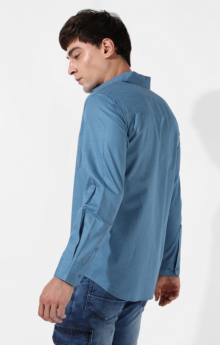 Men's Blue Cotton Solid Casual Shirt