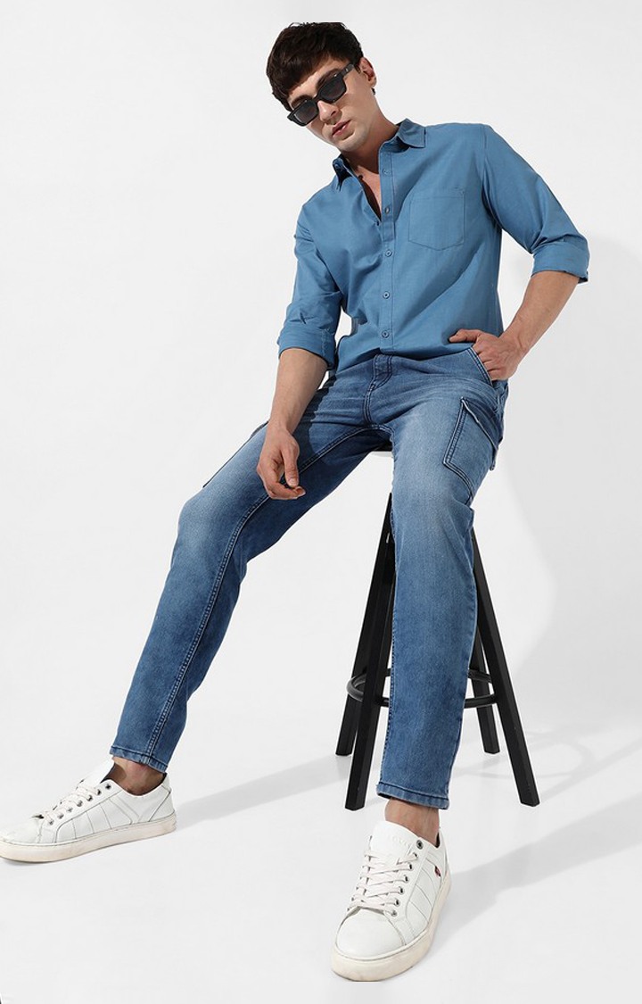 Men's Blue Cotton Solid Casual Shirt