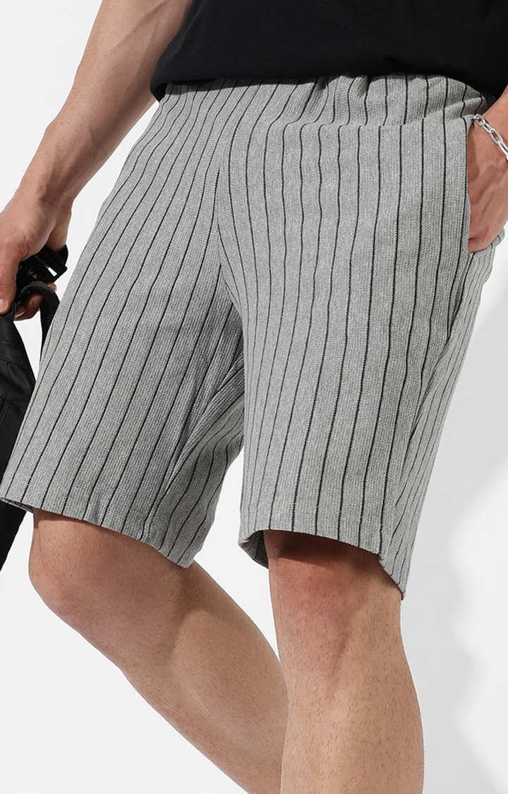 Men's Grey Cotton Striped Shorts
