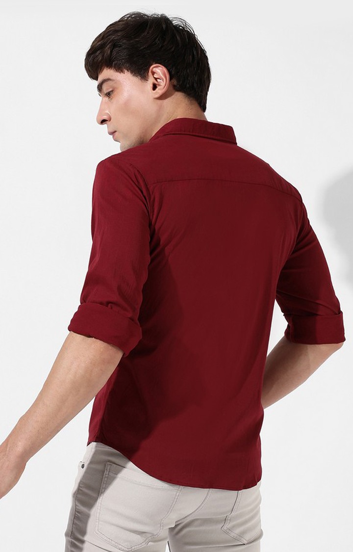 Men's Maroon Cotton Solid Casual Shirt