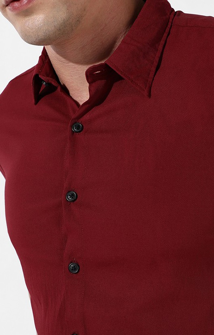 Men's Maroon Cotton Solid Casual Shirt