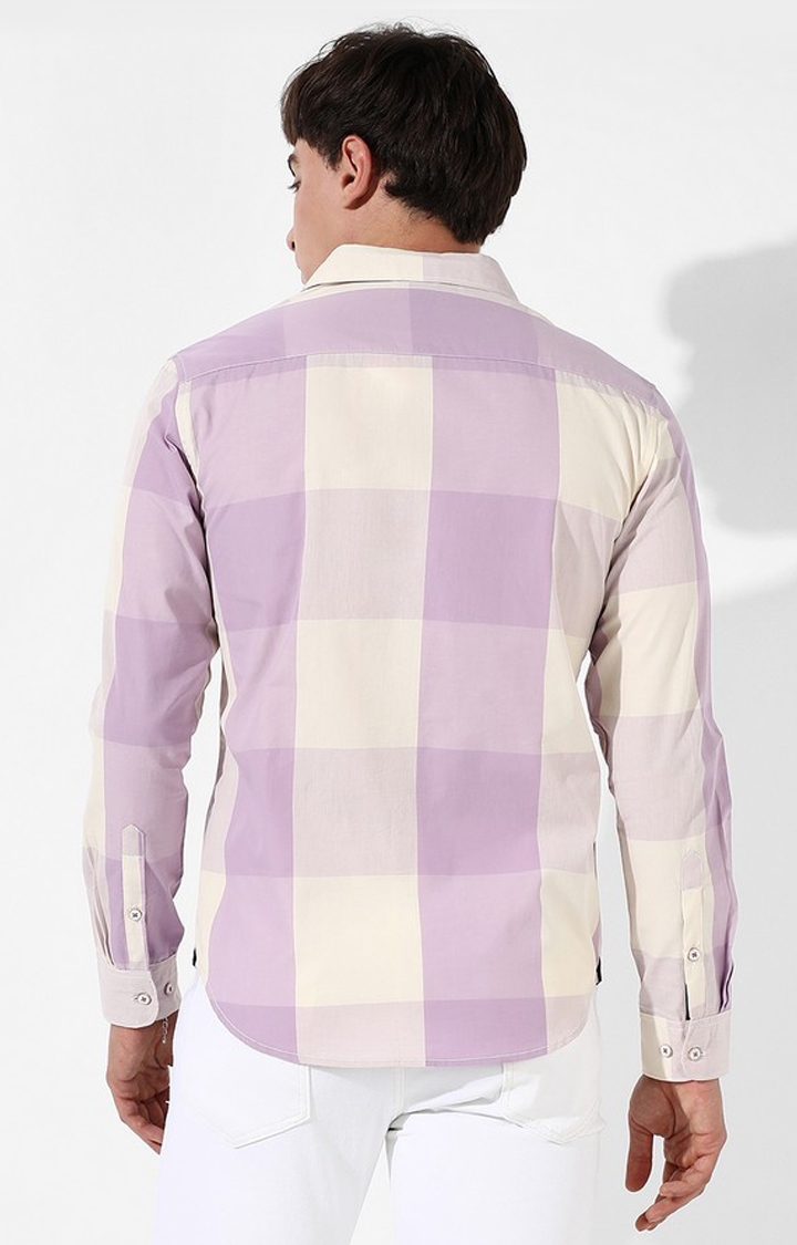 Men's White and Purple Cotton Checked Casual Shirt