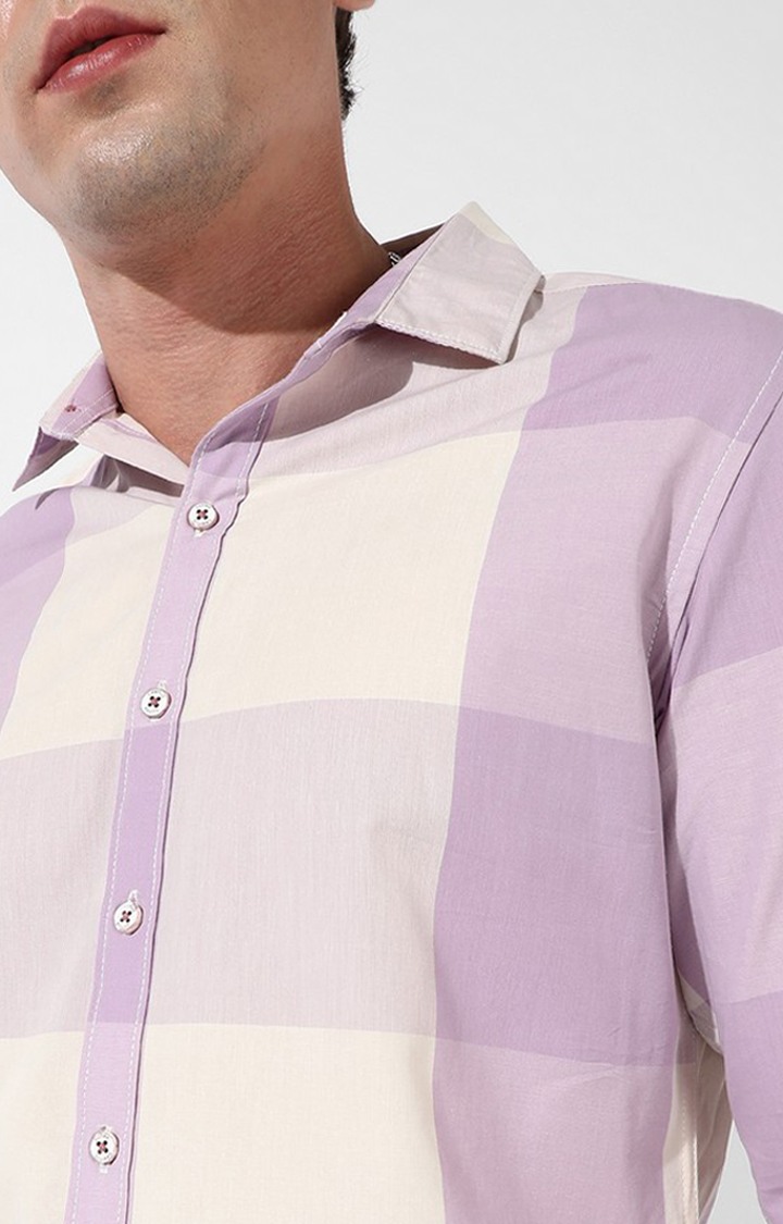 Men's White and Purple Cotton Checked Casual Shirt