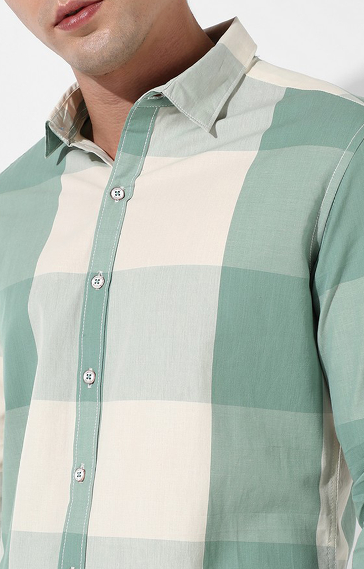 Men's White and Green Cotton Checked Casual Shirt