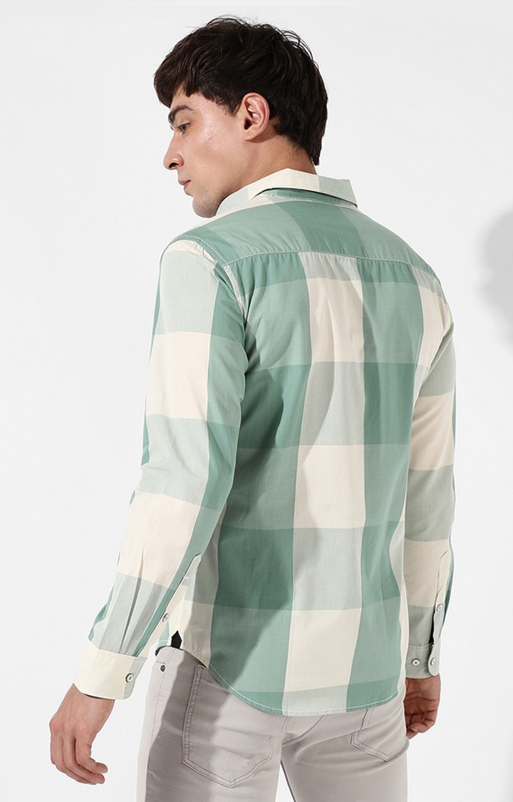 Men's White and Green Cotton Checked Casual Shirt