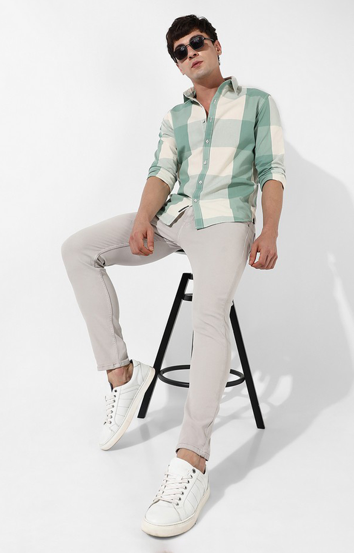 Men's White and Green Cotton Checked Casual Shirt