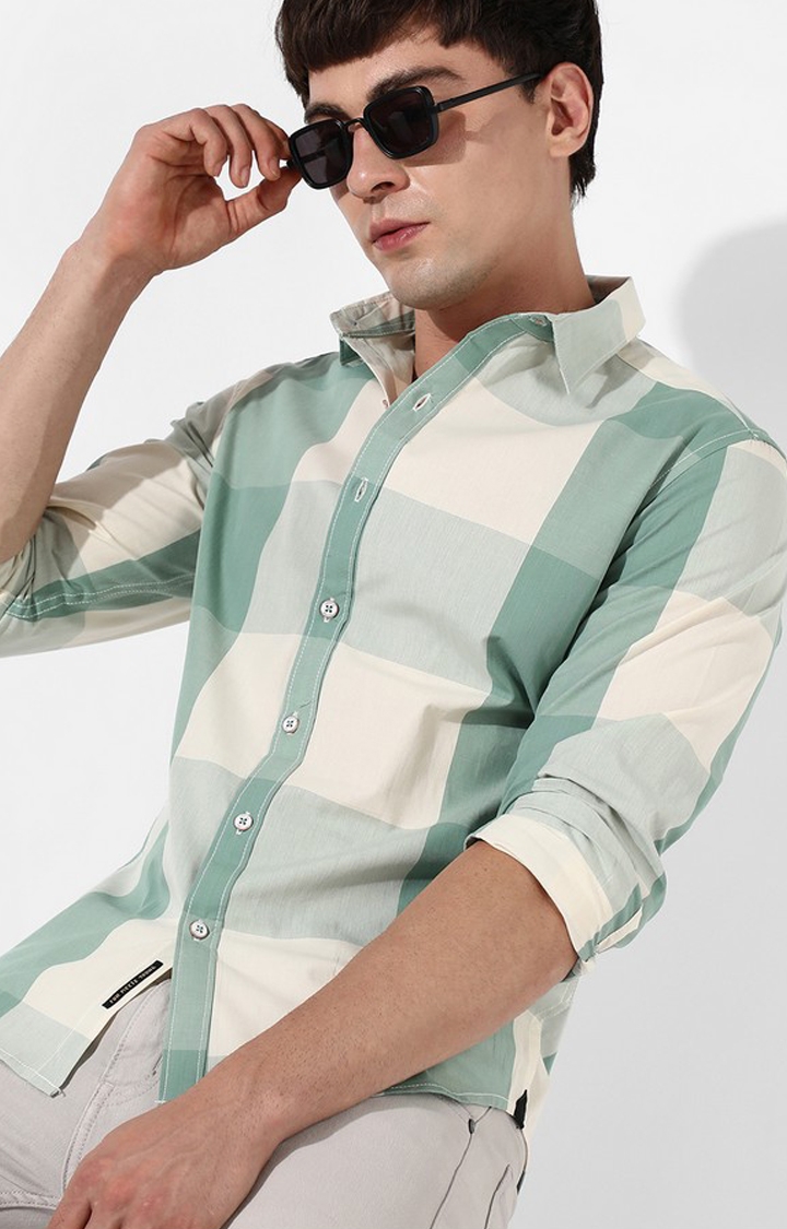 CAMPUS SUTRA | Men's White and Green Cotton Checked Casual Shirt