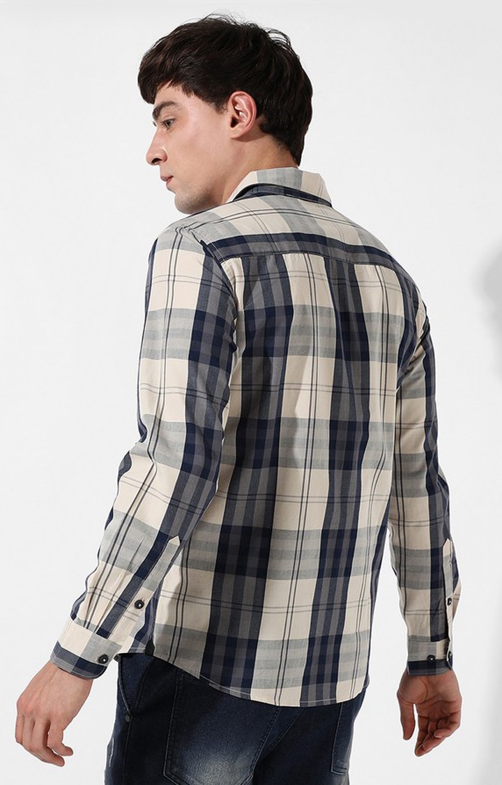 Men's Beige and Blue Cotton Checked Casual Shirt