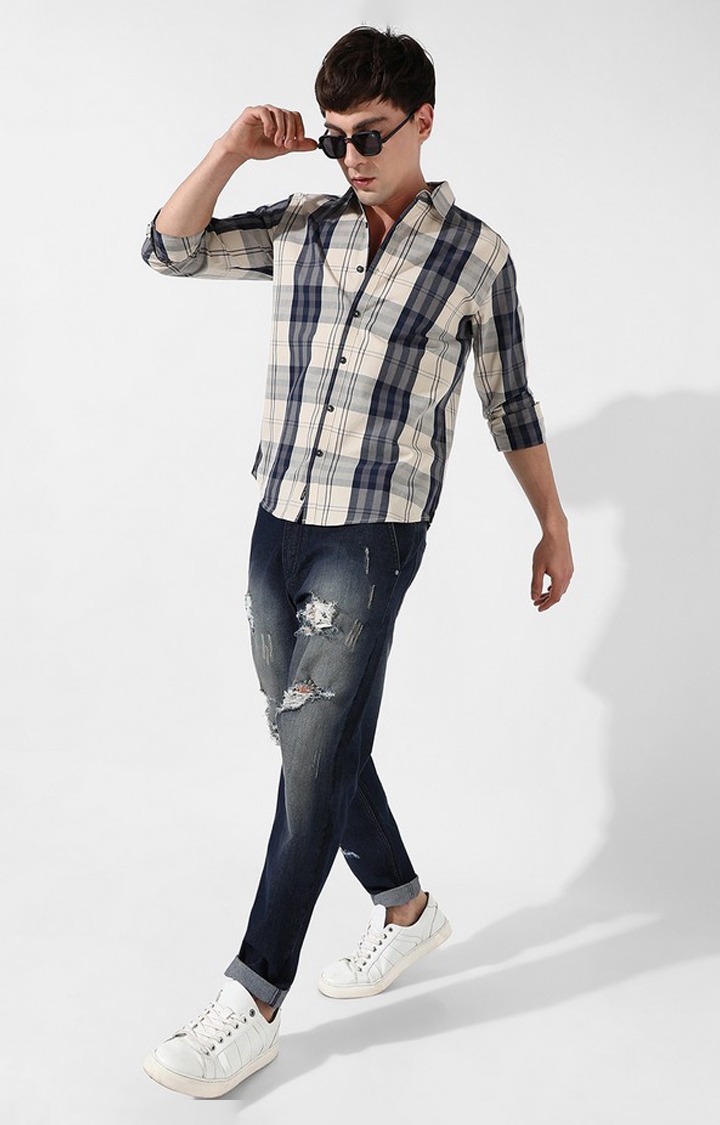 Men's Beige and Blue Cotton Checked Casual Shirt