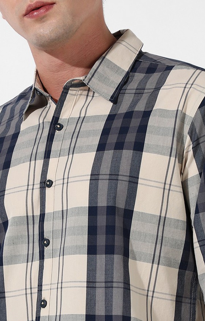 Men's Beige and Blue Cotton Checked Casual Shirt