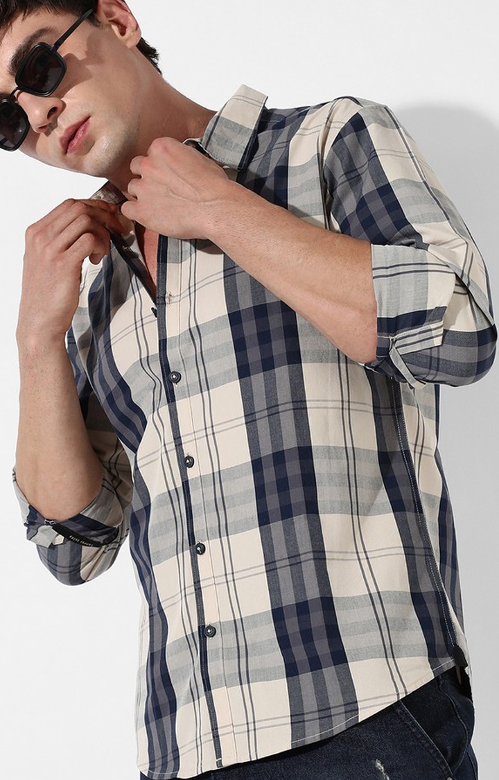 Men's Beige and Blue Cotton Checked Casual Shirt