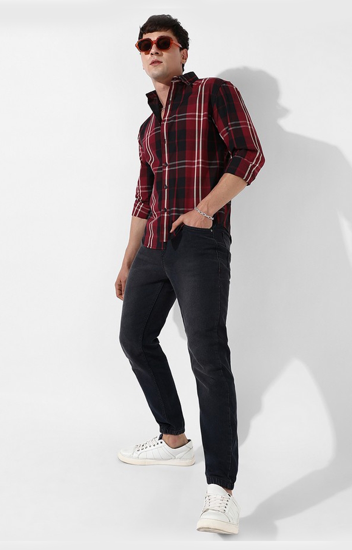 Men's Red Cotton Checked Casual Shirt