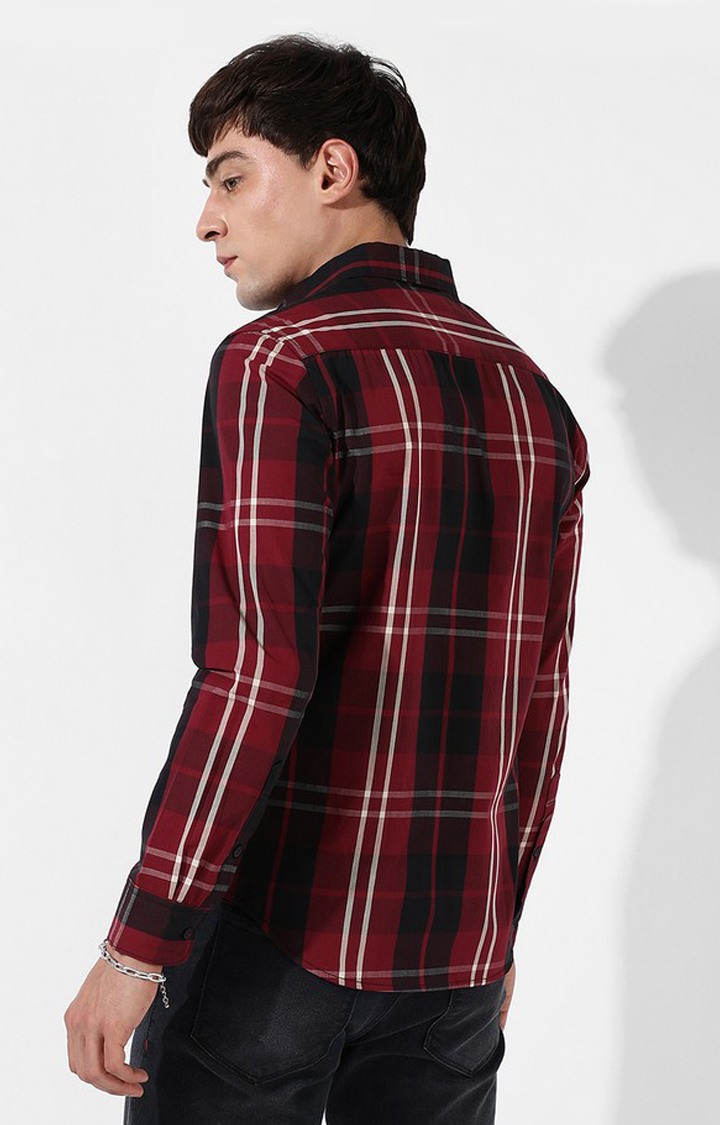 Men's Red Cotton Checked Casual Shirt