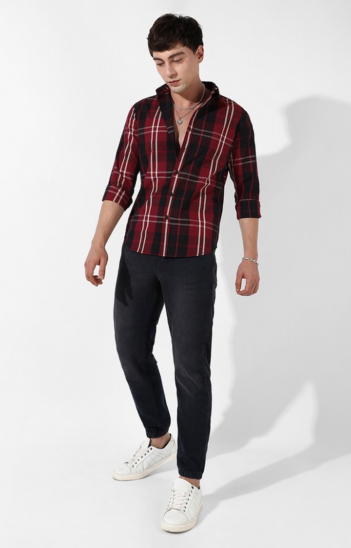 Men's Red Cotton Checked Casual Shirt