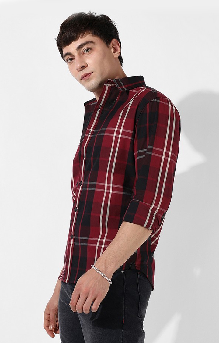 Men's Red Cotton Checked Casual Shirt