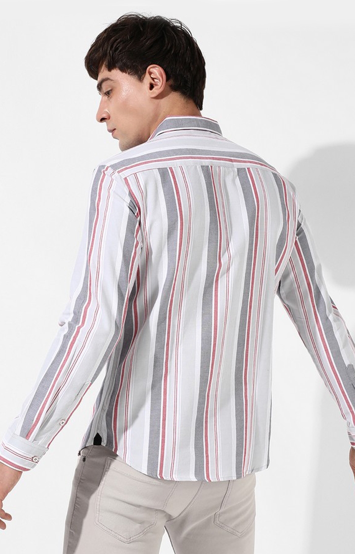 Men's White and Grey Cotton Striped Casual Shirt