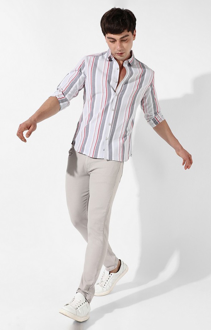 Men's White and Grey Cotton Striped Casual Shirt