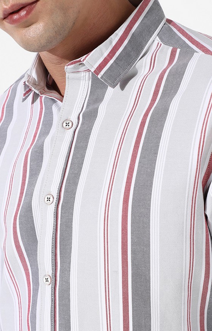 Men's White and Grey Cotton Striped Casual Shirt