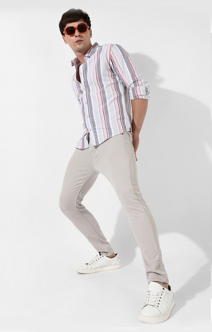 Men's White and Grey Cotton Striped Casual Shirt