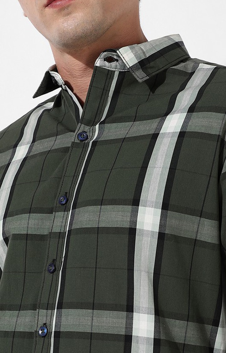 Men's Dark Green Cotton Checked Casual Shirt