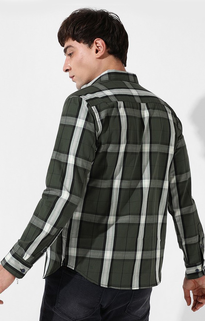 Men's Dark Green Cotton Checked Casual Shirt