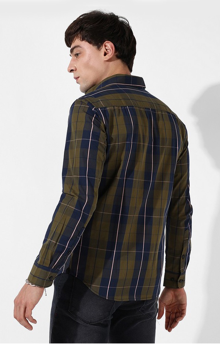 Men's Olive Green Cotton Checked Casual Shirt