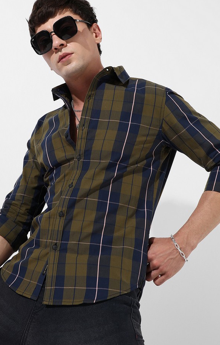 Men's Olive Green Cotton Checked Casual Shirt