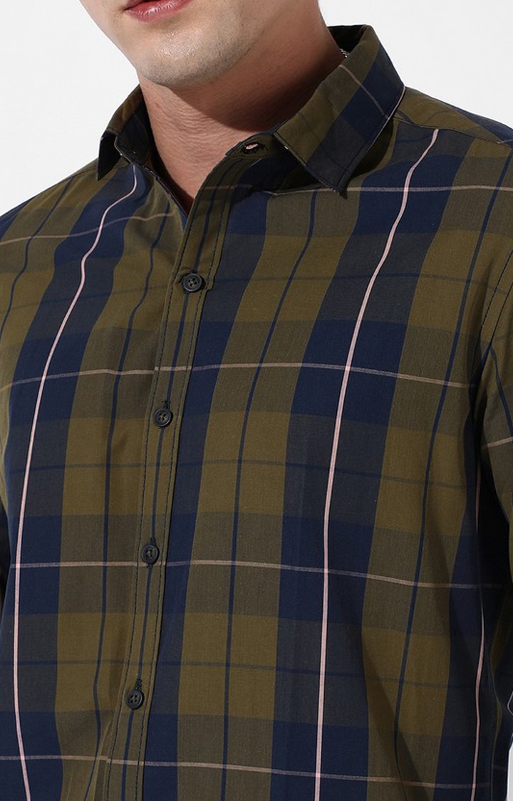 Men's Olive Green Cotton Checked Casual Shirt