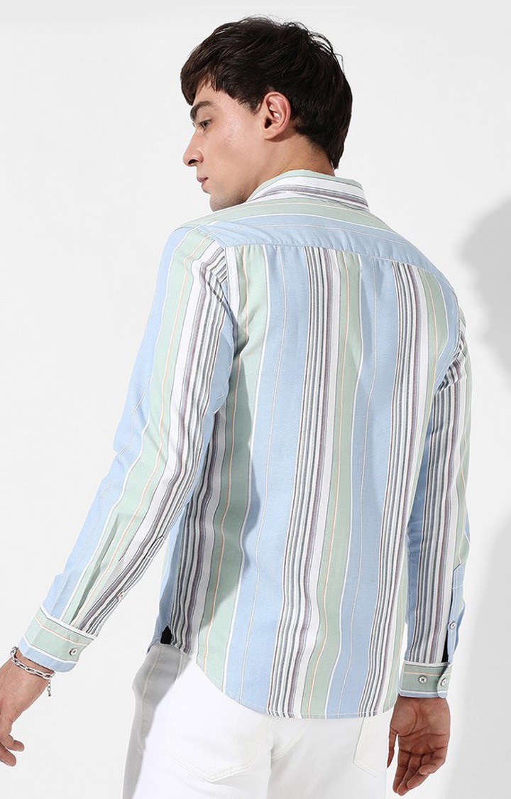 Men's Light Blue Cotton Striped Casual Shirt