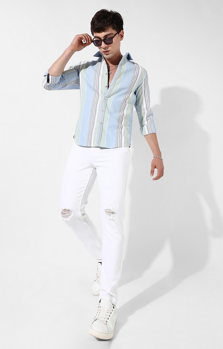 Men's Light Blue Cotton Striped Casual Shirt