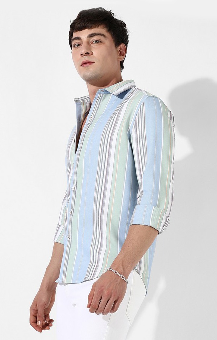 Men's Light Blue Cotton Striped Casual Shirt