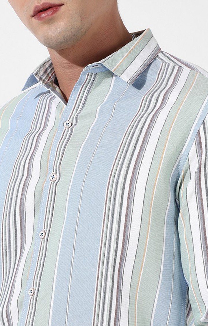 Men's Light Blue Cotton Striped Casual Shirt