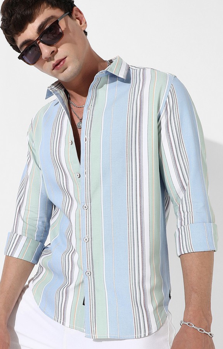CAMPUS SUTRA | Men's Light Blue Cotton Striped Casual Shirt