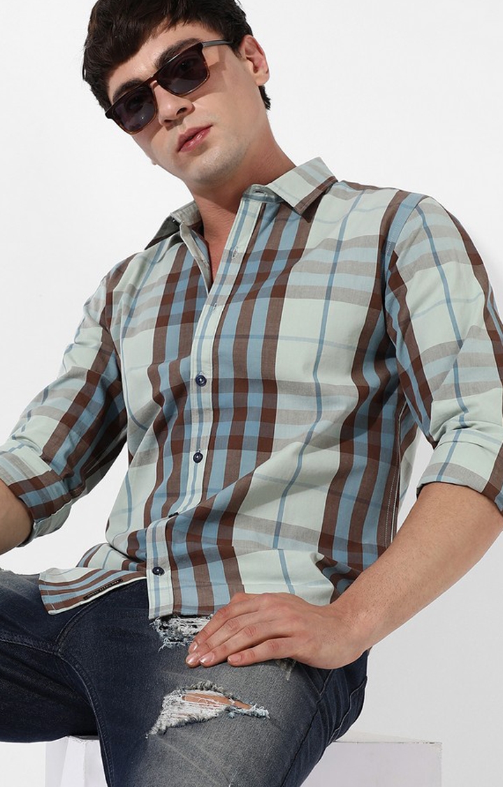 Men's Green and Blue Cotton Checked Casual Shirt