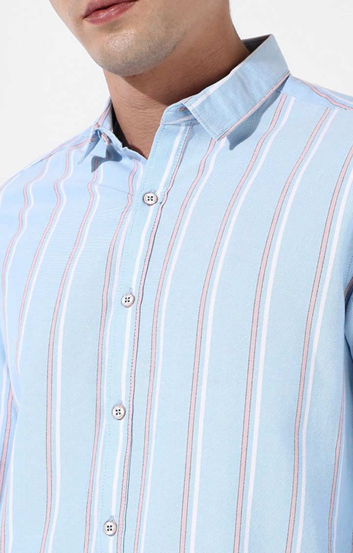 Men's Light Blue Cotton Striped Casual Shirt