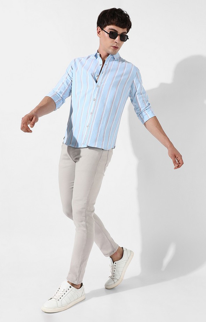 Men's Light Blue Cotton Striped Casual Shirt