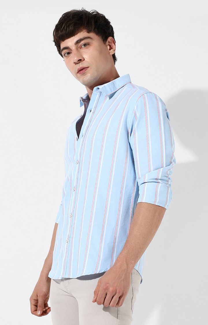 Men's Light Blue Cotton Striped Casual Shirt