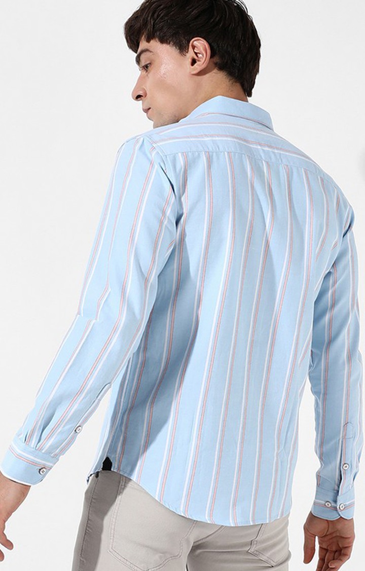 Men's Light Blue Cotton Striped Casual Shirt