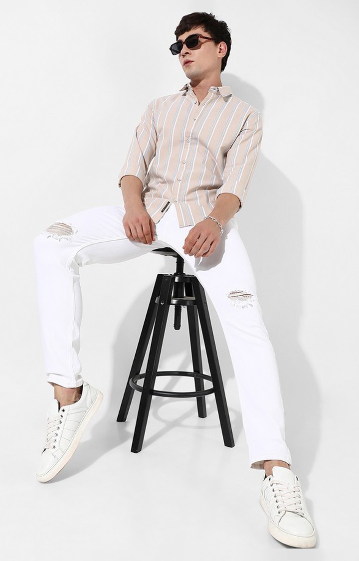 Men's Beige Cotton Striped Casual Shirt