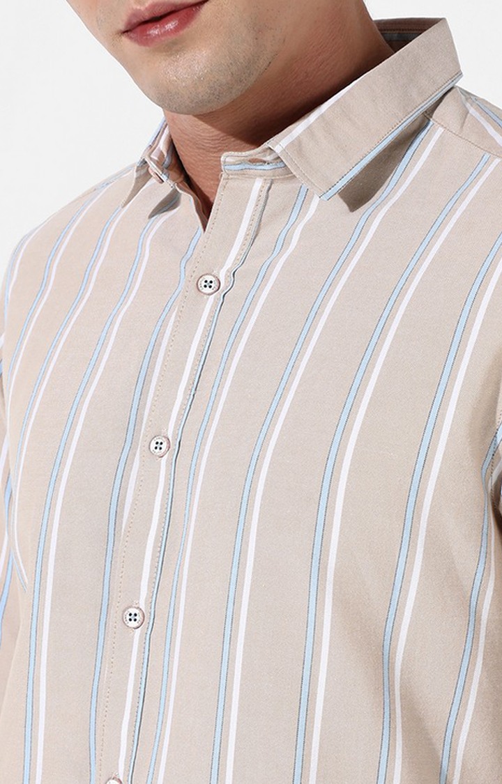 Men's Beige Cotton Striped Casual Shirt