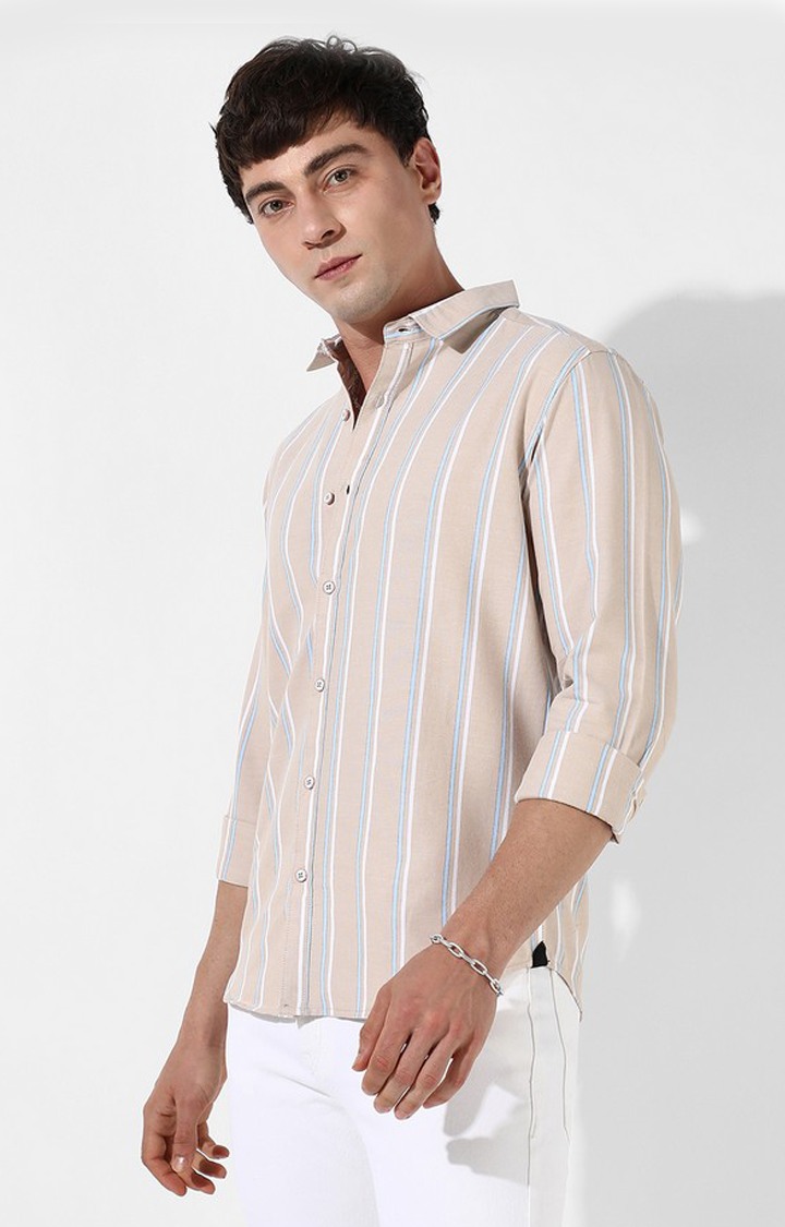 Men's Beige Cotton Striped Casual Shirt