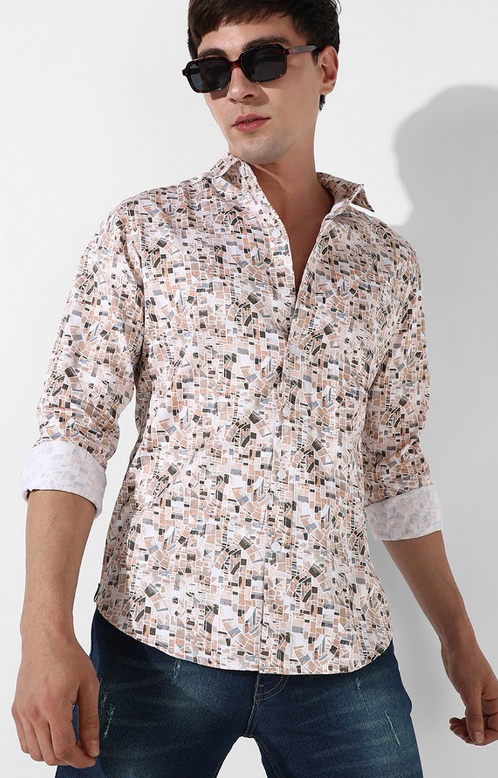 Men's Beige Cotton Printed Casual Shirt