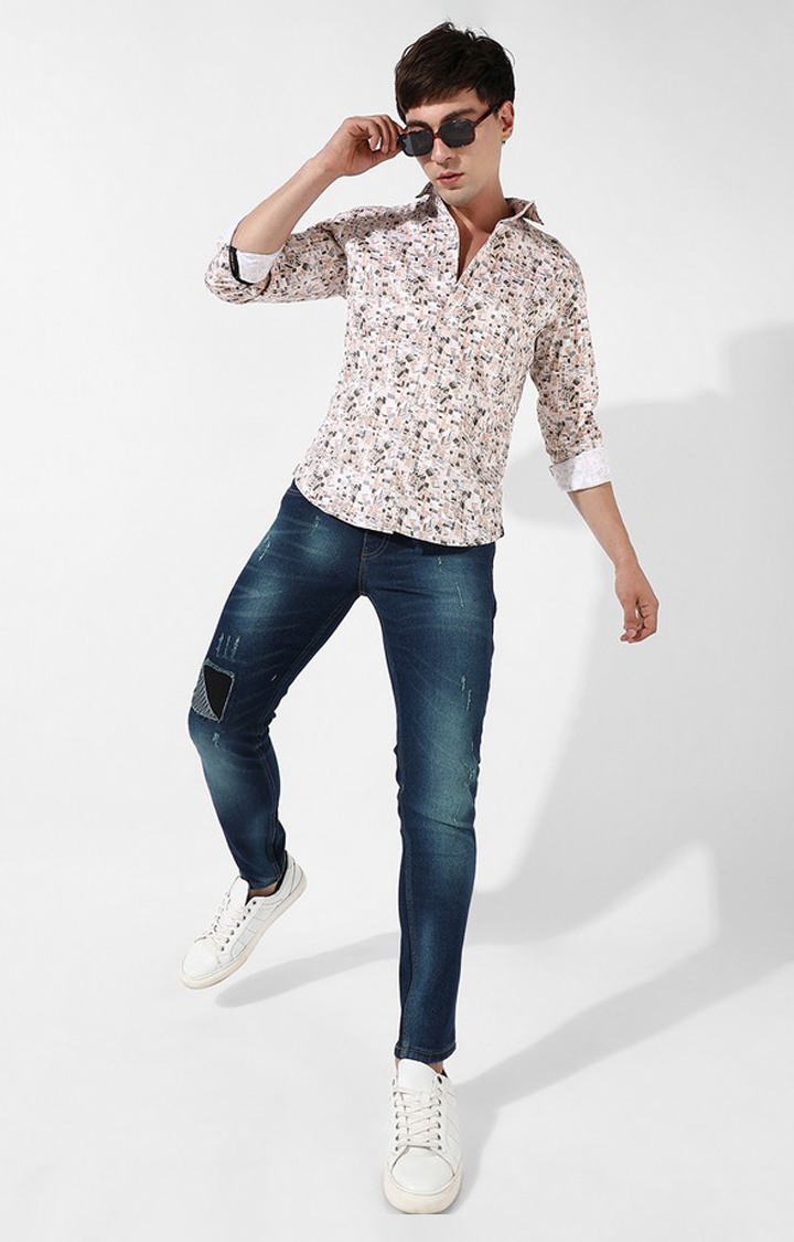 Men's Beige Cotton Printed Casual Shirt